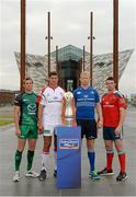 27 August 2013; In attendance at the launch of the 2013/14 Celtic League Season are, from left, Gavin Duffy, Connacht, Johann Muller, Ulster, Leo Cullen, Leinster, and Peter O'Mahony, Munster. Launch of the 2013/14 Celtic League Season, Titanic Belfast, Belfast, Co. Antrim. Picture credit: Oliver McVeigh / SPORTSFILE