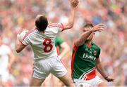 25 August 2013; Colm Cavanagh, Tyrone, reacts after a tackle by Aidan O'Shea, Mayo, which resulted in O'Shea being shown a yellow card. GAA Football All-Ireland Senior Championship Semi-Final, Mayo v Tyrone, Croke Park, Dublin. Picture credit: Brendan Moran / SPORTSFILE