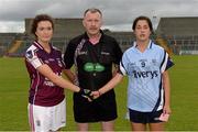 14 August 2013; Captains Megan Henehan, Galway, and Molly Lamb, Dublin, shake hands in the company of referee John Niland. All-Ireland Ladies Minor A Championship Final Replay, Dublin v Galway, Cusack Park, Mullingar, Co. Westmeath. Picture credit: Brian Lawless / SPORTSFILE