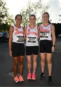 16 May 2023; Competitors from Crusaders AC, Dublin, from left, Sarah Lyons, Kathryn Sweeney and Kathryn Gibbons, before the Bob Heffernan & Mary Hanley 5k Road Race 2023, Round 3 of the Peugeot Race Series, in Enfield, Meath. Photo by Ramsey Cardy/Sportsfile