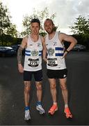 16 May 2023; Competitors from Celbridge AC, Danny O'Farrell, left, and Anthony Dowling before the Bob Heffernan & Mary Hanley 5k Road Race 2023, Round 3 of the Peugeot Race Series, in Enfield, Meath. Photo by Ramsey Cardy/Sportsfile