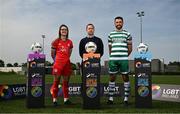17 May 2023; League of Ireland director Mark Scanlon, centre, pictured with campaign ambassadors and League of Ireland players Roberto 'Pico' Lopes of Shamrock Rovers and Keeva Keenan of Shelbourne Women’s FC to launch a branding takeover by LGBT Ireland which will take place at the SSE Airtricity Men & Women’s Premier Division games being played on the 19th and 20th May 2023 to promote inclusion and diversity in advance of Pride month. As title sponsor of the Men’s Premier, First and Women’s Premier Division, SSE Airtricity together with the League of Ireland is dedicating its sponsorship branding to LGBT Ireland this weekend to promote the LGBT+ National Helpline (freephone 1800 929 539) within the clubs, fans, and the community.  Photo by David Fitzgerald/Sportsfile