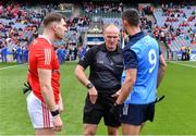 14 May 2023; Referee Conor Lane performs the coin toss with team captains Sam Mulroy of Louth and James McCarthy of Dublin before the Leinster GAA Football Senior Championship Final match between Dublin and Louth at Croke Park in Dublin. Photo by Piaras Ó Mídheach/Sportsfile