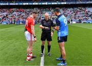 14 May 2023; Referee Conor Lane performs the coin toss with team captains Sam Mulroy of Louth and James McCarthy of Dublin before the Leinster GAA Football Senior Championship Final match between Dublin and Louth at Croke Park in Dublin. Photo by Piaras Ó Mídheach/Sportsfile