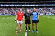 14 May 2023; Referee Conor Lane with team captains Sam Mulroy of Louth and James McCarthy of Dublin before the Leinster GAA Football Senior Championship Final match between Dublin and Louth at Croke Park in Dublin. Photo by Piaras Ó Mídheach/Sportsfile