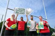 19 May 2023; Vision Sports Ireland and IRFU are proud to launch their Vision Impaired Rugby Coaching Guide. The launch of the guide comes in advance of the first vision impaired rugby game to be held in Ireland, where Ireland’s Old Wesley Vision Impaired rugby team will take on UK vision impaired team, Harlequins as part of Vision Sports Ireland’s Mayfest event celebrations on 27th May at 12:30pm at UCD. MayFest is Vision Sports Ireland multisport come and try weekend for people who are blind or vision impaired and all are invited to come along and support Ireland’s first Vision Impaired (VI) Rugby team take to the field for what promises to be a historical and wonderful occasion. In attendance at the launch are, from left, Sara McFadden of Old Wesley Vision Impaired rugby club, former Italy and Leinster player Ian McKinley, Ireland and Leinster rugby player Robbie Henshaw and Mia Nolan of Old Wesley Vision Impaired rugby club. Photo by Brendan Moran/Sportsfile