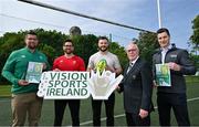 19 May 2023; Vision Sports Ireland and IRFU are proud to launch their Vision Impaired Rugby Coaching Guide. The launch of the guide comes in advance of the first vision impaired rugby game to be held in Ireland, where Ireland’s Old Wesley Vision Impaired rugby team will take on UK vision impaired team, Harlequins as part of Vision Sports Ireland’s Mayfest event celebrations on 27th May at 12:30pm at UCD. MayFest is Vision Sports Ireland multisport come and try weekend for people who are blind or vision impaired and all are invited to come along and support Ireland’s first Vision Impaired (VI) Rugby team take to the field for what promises to be a historical and wonderful occasion. In attendance at the launch are, from left, IRFU disability and inclusion officer David McKay, former Italy and Leinster player Ian McKinley, Ireland and Leinster rugby player Robbie Henshaw, IRFU committee member Michael Coghlan and Vision Sports Ireland chief executive Aaron Mullaniff. Photo by Brendan Moran/Sportsfile