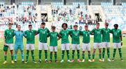 17 May 2023; The Republic of Ireland team stand for the national anthem before the UEFA European U17 Championship Final Tournament match between Republic of Ireland and Poland at Hidegkuti Nándor Stadion in Budapest, Hungary. Photo by Laszlo Szirtesi/Sportsfile