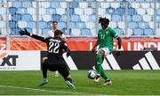 17 May 2023; Ike Orazi of Republic of Ireland shoots to score his side's first goal during the UEFA European U17 Championship Final Tournament match between Republic of Ireland and Poland at Hidegkuti Nándor Stadion in Budapest, Hungary. Photo by Laszlo Szirtesi/Sportsfile