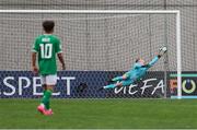 17 May 2023; Republic of Ireland goalkeeper Jason Healy concedes his side's fourth goal scored by Karol Borys of Poland, not seen, during the UEFA European U17 Championship Final Tournament match between Republic of Ireland and Poland at Hidegkuti Nándor Stadion in Budapest, Hungary. Photo by Laszlo Szirtesi/Sportsfile