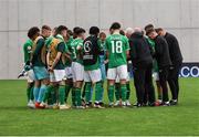 17 May 2023; The Republic of Ireland squad huddle after their side's defeat in the UEFA European U17 Championship Final Tournament match between Republic of Ireland and Poland at Hidegkuti Nándor Stadion in Budapest, Hungary. Photo by Laszlo Szirtesi/Sportsfile