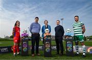 17 May 2023; Chief Executive Officer of LGBT Ireland Paula Fagan, centre, alongside Director of Customer Marketing and Communications at SSE Energy Customer Solutions David Manning and League of Ireland director Mark Scanlon pictured with campaign ambassadors and League of Ireland players Roberto 'Pico' Lopes of Shamrock Rovers and Keeva Keenan of Shelbourne Women’s FC to launch a branding takeover by LGBT Ireland which will take place at the SSE Airtricity Men & Women’s Premier Division games being played on the 19th and 20th May 2023 to promote inclusion and diversity in advance of Pride month. As title sponsor of the Men’s Premier, First and Women’s Premier Division, SSE Airtricity together with the League of Ireland is dedicating its sponsorship branding to LGBT Ireland this weekend to promote the LGBT+ National Helpline (freephone 1800 929 539) within the clubs, fans, and the community. Photo by David Fitzgerald/Sportsfile
