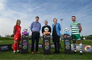 17 May 2023; League of Ireland director Mark Scanlon, centre, alongside Director of Customer Marketing and Communications at SSE Energy Customer Solutions David Manning and Chief Executive Officer of LGBT Ireland Paula Fagan pictured with campaign ambassadors and League of Ireland players Roberto 'Pico' Lopes of Shamrock Rovers and Keeva Keenan of Shelbourne Women’s FC to launch a branding takeover by LGBT Ireland which will take place at the SSE Airtricity Men & Women’s Premier Division games being played on the 19th and 20th May 2023 to promote inclusion and diversity in advance of Pride month. As title sponsor of the Men’s Premier, First and Women’s Premier Division, SSE Airtricity together with the League of Ireland is dedicating its sponsorship branding to LGBT Ireland this weekend to promote the LGBT+ National Helpline (freephone 1800 929 539) within the clubs, fans, and the community. Photo by David Fitzgerald/Sportsfile