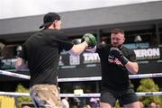 17 May 2023; Thomas Carty and trainer Packie Collins during public workouts, held at Dundrum Town Centre in Dublin, ahead of his vacant celtic heavyweight title fight with Jay McFarlane, on May 20th at 3Arena in Dublin. Photo by Stephen McCarthy/Sportsfile