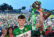 17 May 2023; Offaly captain Charlie Mitchell lifts the cup after his side's victory in the oneills.com Leinster GAA Hurling U20 Championship Final match between Offaly and Wexford at Netwatch Cullen Park in Carlow. Photo by Piaras Ó Mídheach/Sportsfile