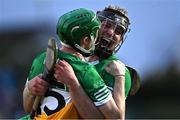 17 May 2023; Offaly players Dan Ravenhill, right, and Adam Screeney celebrate after their side's victory in the oneills.com Leinster GAA Hurling U20 Championship Final match between Offaly and Wexford at Netwatch Cullen Park in Carlow. Photo by Piaras Ó Mídheach/Sportsfile
