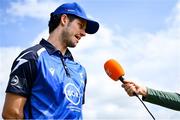 18 May 2023; Leinster Lightning captain George Dockrell is interviewed by HBV commentator Isobel Joyce, before the Rario Inter-Provincial Cup match between Leinster Lightning and Munster Reds at Pembroke Cricket Club in Dublin. Photo by Tyler Miller/Sportsfile