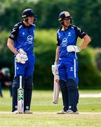 18 May 2023; Harry Tector of Leinster Lightning, left, and Tim Tector during the Rario Inter-Provincial Cup match between Leinster Lightning and Munster Reds at Pembroke Cricket Club in Dublin. Photo by Tyler Miller/Sportsfile
