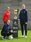 18 May 2023; In attendance at the Avenir Sports All-Island Cup draw at FAI Headquarters in Abbotstown, Dublin, are, clockwise from front left, Chloe Singleton of Athlone Town, Demi Vance of Glentoran and Courtney Maguire of Shelbourne. Photo by Brendan Moran/Sportsfile