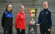 18 May 2023; In attendance at the Avenir Sports All-Island Cup draw at FAI Headquarters in Abbotstown, Dublin, are, from left, Chloe Singleton of Athlone Town, Demi Vance of Glentoran and Courtney Maguire of Shelbourne. Photo by Brendan Moran/Sportsfile