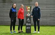 18 May 2023; In attendance at the Avenir Sports All-Island Cup draw at FAI Headquarters in Abbotstown, Dublin, are, from left, Chloe Singleton of Athlone Town, Demi Vance of Glentoran and Courtney Maguire of Shelbourne. Photo by Brendan Moran/Sportsfile