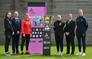 18 May 2023; In attendance at the Avenir Sports All-Island Cup draw at FAI Headquarters in Abbotstown, Dublin, are, from left, Chloe Singleton of Athlone Town, Northern Ireland football League chief operating officer Steven Mills, Demi Vance of Glentoran, Glentoran FC manager Kim Turner, League of Ireland director Mark Scanlon and Courtney Maguire of Shelbourne. Photo by Brendan Moran/Sportsfile
