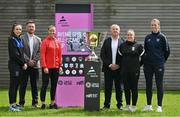 18 May 2023; In attendance at the Avenir Sports All-Island Cup draw at FAI Headquarters in Abbotstown, Dublin, are, from left, Chloe Singleton of Athlone Town, Avenir Sports Northern Ireland operations manager Mark McAreavey, Demi Vance of Glentoran, Avenir Sports owner Tommy Conneely, Glentoran FC manager Kim Turner and Courtney Maguire of Shelbourne. Photo by Brendan Moran/Sportsfile