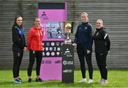 18 May 2023; In attendance at the Avenir Sports All-Island Cup draw at FAI Headquarters in Abbotstown, Dublin, are, from left, Chloe Singleton of Athlone Town, Demi Vance of Glentoran, Courtney Maguire of Shelbourne and Glentoran FC manager Kim Turner. Photo by Brendan Moran/Sportsfile