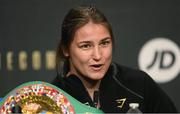 18 May 2023; Katie Taylor during a media conference, held at Dublin Castle, ahead of her undisputed super lightweight championship fight with Chantelle Cameron, on May 20th at 3Arena in Dublin. Photo by Stephen McCarthy/Sportsfile