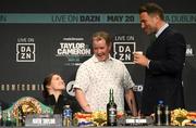 18 May 2023; Katie Taylor with manager Brian Peters and promoter Eddie Hearn, right, during a media conference, held at Dublin Castle, ahead of her undisputed super lightweight championship fight with Chantelle Cameron, on May 20th at 3Arena in Dublin. Photo by Stephen McCarthy/Sportsfile