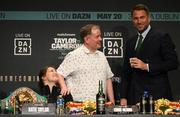 18 May 2023; Katie Taylor with manager Brian Peters and promoter Eddie Hearn, right, during a media conference, held at Dublin Castle, ahead of her undisputed super lightweight championship fight with Chantelle Cameron, on May 20th at 3Arena in Dublin. Photo by Stephen McCarthy/Sportsfile