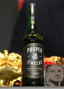 18 May 2023; A bottle of Proper Twelve whiskey, by Conor McGregor, on the top table during a media conference, held at Dublin Castle, ahead of the undisputed super lightweight championship fight between Katie Taylor and Chantelle Cameron, on May 20th at 3Arena in Dublin. Photo by Stephen McCarthy/Sportsfile