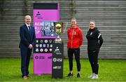 18 May 2023; In attendance at the Avenir Sports All-Island Cup draw at FAI Headquarters in Abbotstown, Dublin, are from left, Northern Ireland football League chief operating officer Steven Mills, Demi Vance of Glentoran and Glentoran FC manager Kim Turner. Photo by Brendan Moran/Sportsfile