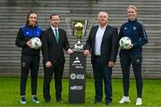 18 May 2023; In attendance at the Avenir Sports All-Island Cup draw at FAI Headquarters in Abbotstown, Dublin, are, from left, Chloe Singleton of Athlone Town, League of Ireland director Mark Scanlon, Avenir Sports owner Tommy Conneely and Courtney Maguire of Shelbourne. Photo by Brendan Moran/Sportsfile