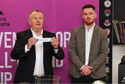 18 May 2023; Performing the draw at the Avenir Sports All-Island Cup draw at FAI Headquarters in Abbotstown, Dublin, are Avenir Sports owner Tommy Conneely, left, and Avenir Sports Northern Ireland operations manager Mark McAreavey. Photo by Brendan Moran/Sportsfile