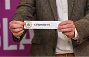 18 May 2023; The name of Cliftonville FC is drawn out during the Avenir Sports All-Island Cup draw at FAI Headquarters in Abbotstown, Dublin. Photo by Brendan Moran/Sportsfile