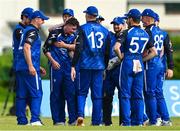 18 May 2023; Reuben Wilson of Leinster Lightning, centre, celebrates with teammates after taking the wicket of Gareth Delaney of Munster Reds during the Rario Inter-Provincial Cup match between Leinster Lightning and Munster Reds at Pembroke Cricket Club in Dublin. Photo by Tyler Miller/Sportsfile