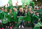 18 May 2023; Republic of Ireland international Louise Quinn and young Blessington AFC players during a send off event ahead of the FIFA Women's World Cup 2023 hosted by Blessington AFC in Wicklow. Photo by Stephen McCarthy/Sportsfile