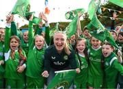 18 May 2023; Republic of Ireland international Louise Quinn and young Blessington AFC players during a send off event ahead of the FIFA Women's World Cup 2023 hosted by Blessington AFC in Wicklow. Photo by Stephen McCarthy/Sportsfile