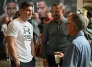 18 May 2023; Boxer Joe Ward, left, and trainer Andy Lee, centre, and journalist Sean McGoldrick during a media conference, held at Dublin Castle, ahead of the undisputed super lightweight championship fight between Katie Taylor and Chantelle Cameron, on May 20th at 3Arena in Dublin. Photo by Stephen McCarthy/Sportsfile