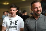 18 May 2023; Boxer Joe Ward and trainer Andy Lee, right, during a media conference, held at Dublin Castle, ahead of the undisputed super lightweight championship fight between Katie Taylor and Chantelle Cameron, on May 20th at 3Arena in Dublin. Photo by Stephen McCarthy/Sportsfile