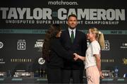 18 May 2023; Maisey Rose Courtney, left, and Kate Radomska with promoter Eddie Hearn during a media conference, held at Dublin Castle, ahead of their flyweight bout, on May 20th at 3Arena in Dublin. Photo by Stephen McCarthy/Sportsfile