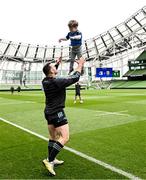19 May 2023; Cian Healy and his son Beau during a Leinster Rugby captain's run at the Aviva Stadium in Dublin. Photo by Harry Murphy/Sportsfile