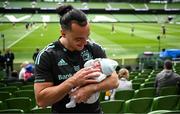 19 May 2023; James Lowe and his son Nico during a Leinster Rugby captain's run at the Aviva Stadium in Dublin. Photo by Harry Murphy/Sportsfile
