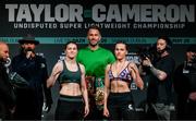 19 May 2023; Katie Taylor, left, and Chantelle Cameron face-off during weigh-ins, at Mansion House in Dublin, ahead of their undisputed super-lightweight championship fight, on May 20th at 3Arena in Dublin. Photo by Stephen McCarthy/Sportsfile