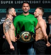 19 May 2023; Dennis Hogan, left, and James Metcalf during weigh-ins, at Mansion House in Dublin, ahead of their IBO world super-welterweight title fight, on May 20th at 3Arena in Dublin. Photo by Stephen McCarthy/Sportsfile