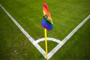 19 May 2023; A detailed view of the corner flag, a part of SSE Airtricity's LGBT Ireland Football takeover initiative, before the SSE Airtricity Men's Premier Division match between Shelbourne and St Patrick's Athletic at Tolka Park in Dublin. Photo by Stephen McCarthy/Sportsfile