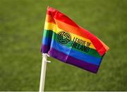 19 May 2023; A LGBT Ireland branded corner flag, a part of SSE Airtricity's LGBT Ireland Football takeover initiative, before the SSE Airtricity Men's First Division match between Kerry and Bray Wanderers at Mounthawk Park in Tralee, Kerry. Photo by Michael P Ryan/Sportsfile
