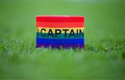 19 May 2023; A detailed view of the captain's armband in the rainbow colours, a part of SSE Airtricity's LGBT Ireland Football takeover initiative, before the SSE Airtricity Men's Premier Division match between Shelbourne and St Patrick's Athletic at Tolka Park in Dublin. Photo by Stephen McCarthy/Sportsfile