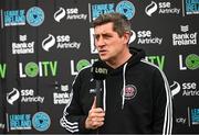 19 May 2023; Bohemians manager Declan Devine speaks to LOITV before the SSE Airtricity Men's Premier Division match between Dundalk and Bohemians at Oriel Park in Dundalk, Louth. Photo by Ramsey Cardy/Sportsfile